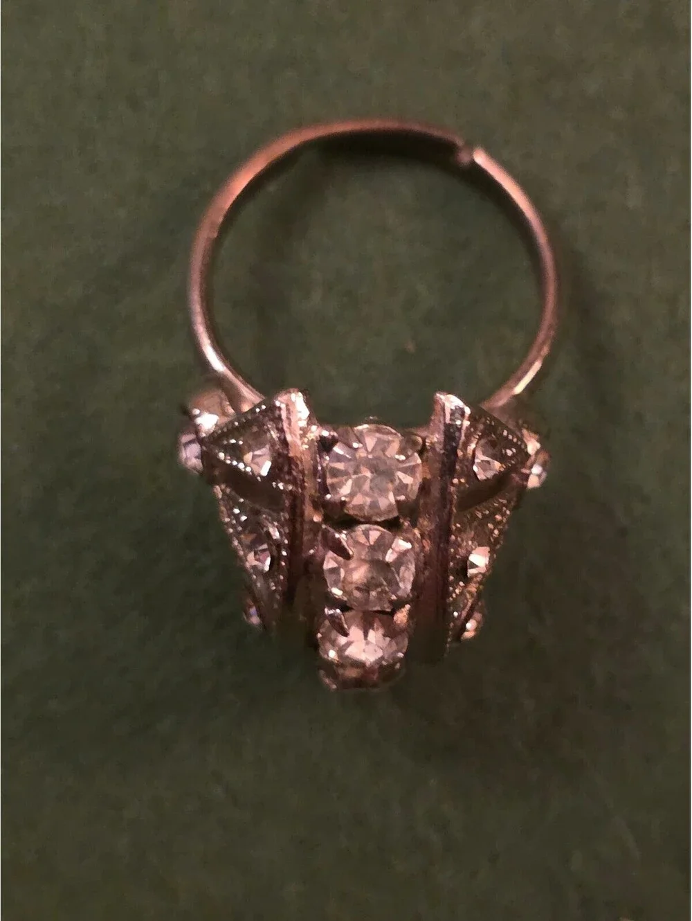 Silver Tone Rhinestone Dome Art Deco Fan Cocktail Ring Adjustable